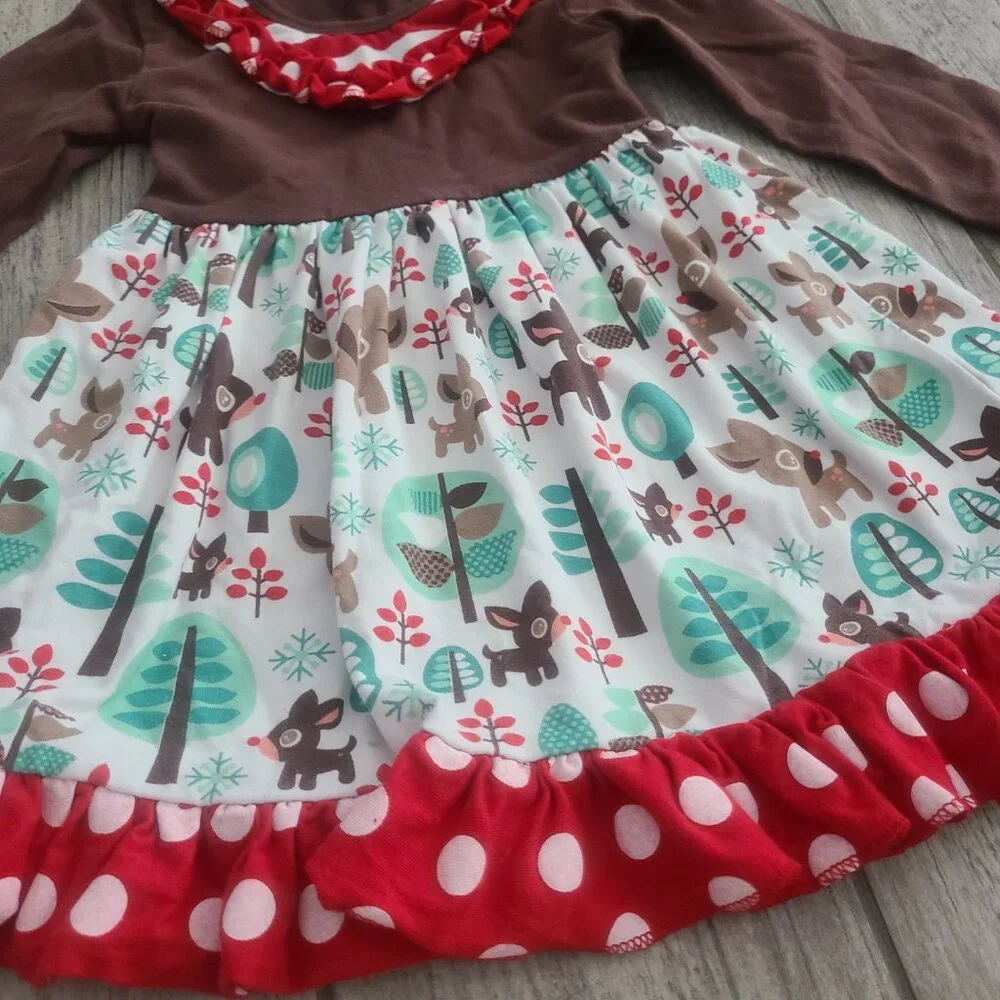 Girls Woodland Animals Ruffle Dress Brown Long Sleeve with Red Polka Dot Trim 2T